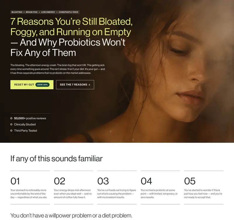 Cymbiotika gut listicle landing page designed by DOE: 7 reasons you're still bloated, foggy and running on empty, through to the Gut Reset Protocol offer