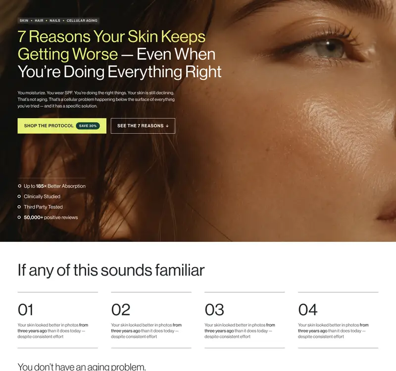 Cymbiotika skin listicle landing page designed by DOE: 7 reasons your skin keeps getting worse, through to the Skin Health Protocol offer