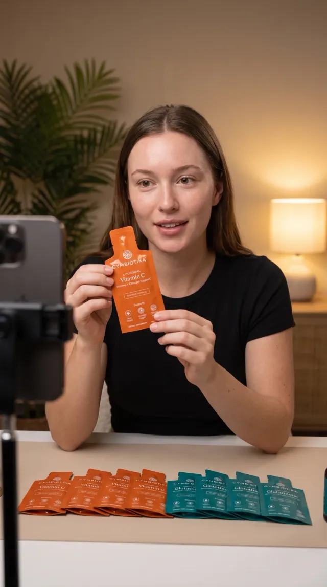 A creator presents Cymbiotika Liposomal Vitamin C on a TikTok Shop live stream